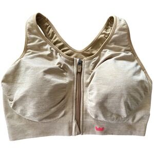 SHEFIT 2Luxe Sports Bra Tan Heather Zip Front High Impact Womens Size 2Luxe